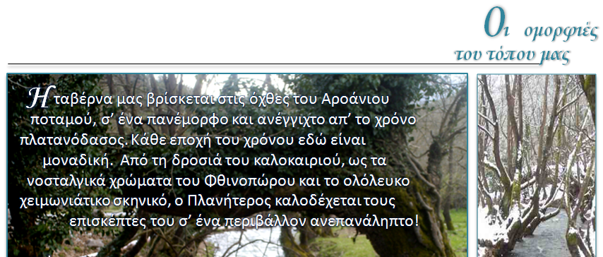 Η ταβέρνα μας βρίσκεται στις όχθες του Αροάνιου ποταμού, σε ένα πανέμορφο και ανέγγιχτο από τον χρόνο πλατανόδασος. Κάθε εποχή του χρόνου εδώ είναι μοναδική. Από την δροσιά του καλοκαιριού ως τα γλυκά νοσταλγικά χρώματα του Φθινοπώρου και το ολόλευκο χειμονιάτικο σκηνικό, Ο Πλανητέρος καλοδέχεται τους επισκέπτες του σε ένα περιβάλλον ανεπανάληπτο